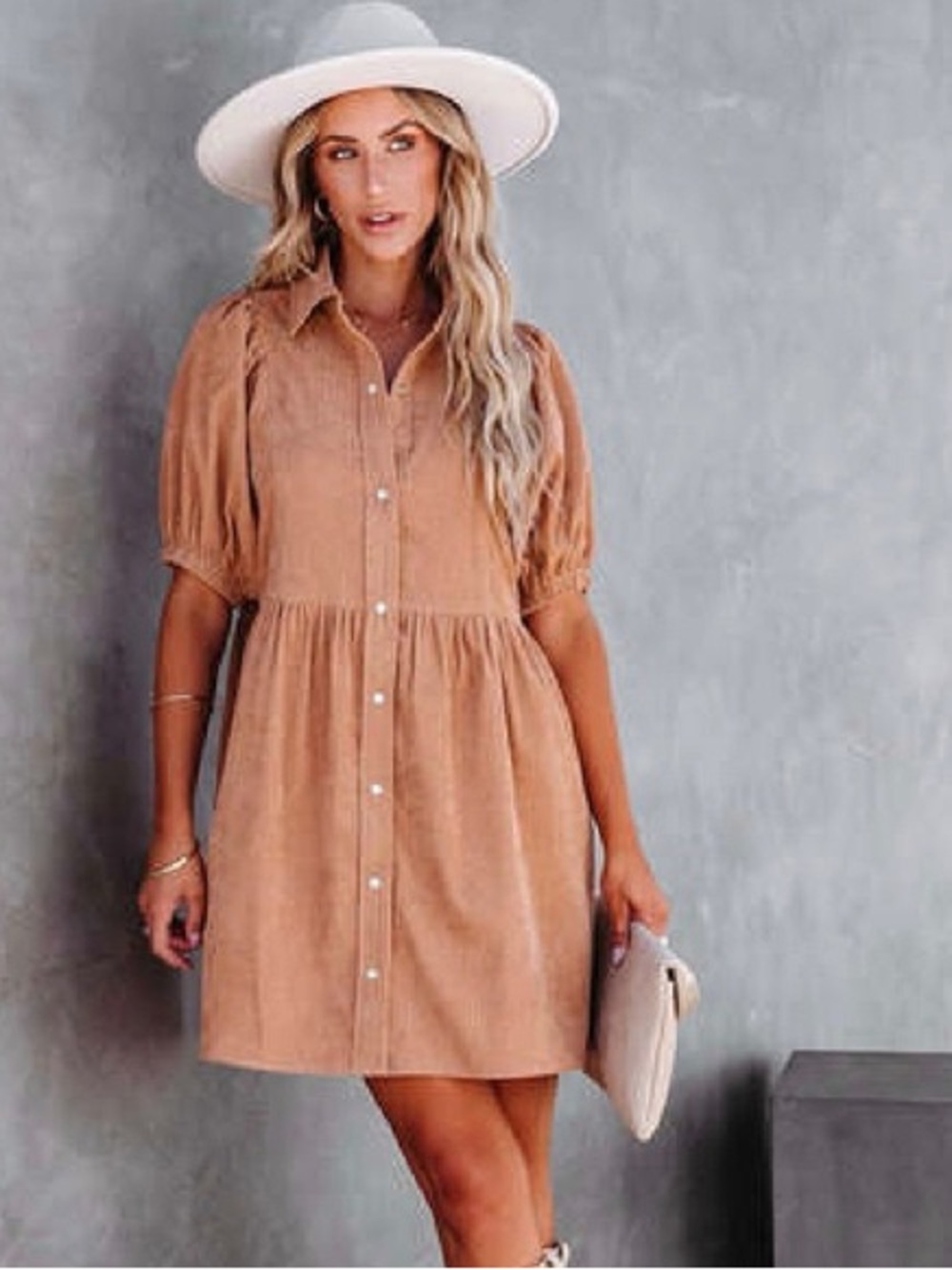 Vici Camel Button-Front Puff Sleeve Mini Dress